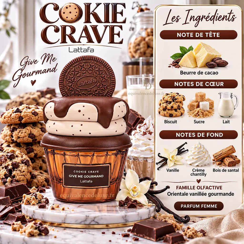 Cookie Crave – Lattafa | Give Me Gourmand – Eau de Parfum 75 ml 2 Notes olfactives Cookie Crave Lattafa : beurre de cacao, biscuit, sucre, lait, vanille, crème chantilly et santal