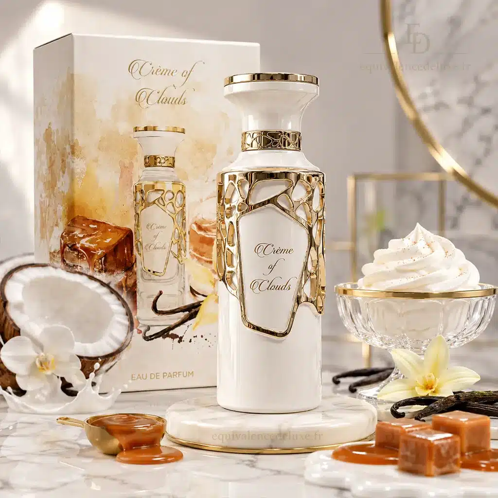 Crème of Clouds – Fragrance World | Parfum Gourmand Crémeux Mixte 4 Flacon Crème of Clouds entouré de lait de coco, vanille, crème fouettée et caramel