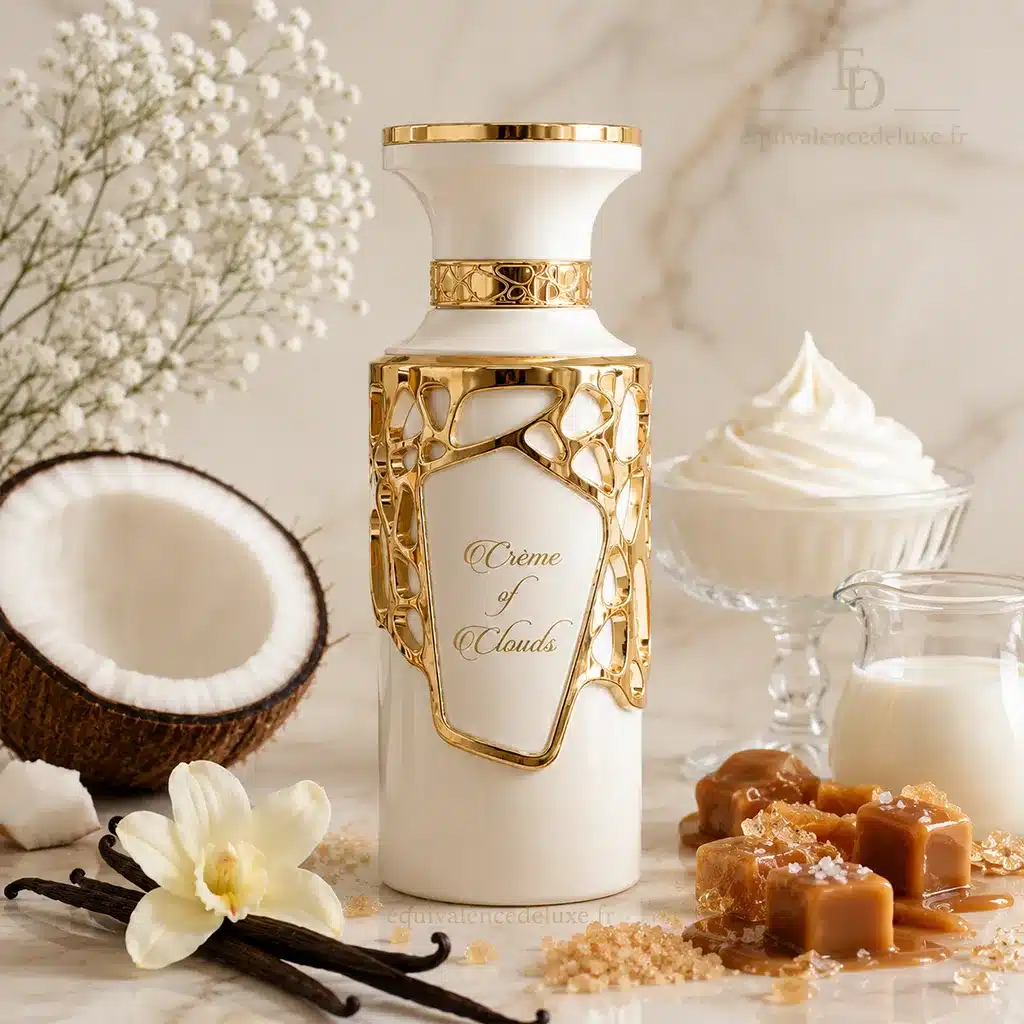 Crème of Clouds – Fragrance World | Parfum Gourmand Crémeux Mixte 3 Crème of Clouds Fragrance World avec boîte dans un décor gourmand de coco, crème, vanille et caramel