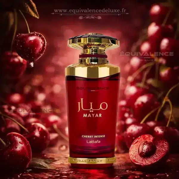 Mayar Cherry Intense – parfum équivalent luxe cerise EquivalenceDeLuxe.fr Parfum Mayar Cherry Intense avec flacon et coffret – eau de parfum équivalent luxe aux notes fruitées