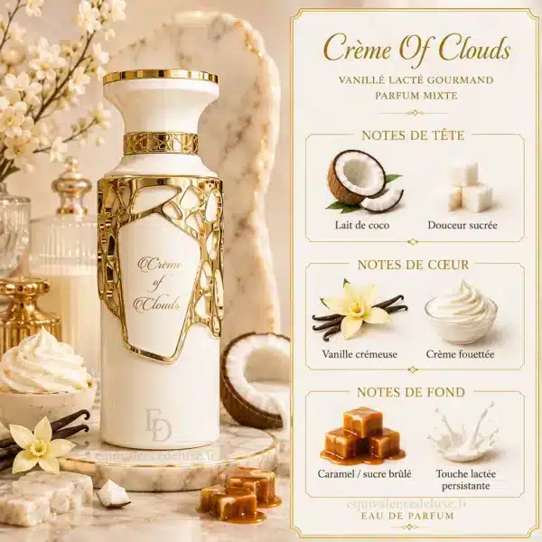 Notes Olfactives Crème of Clouds Fragrance World Notes de Crème of Clouds avec lait de coco, vanille crémeuse, crème fouettée, caramel et sucre brûlé
