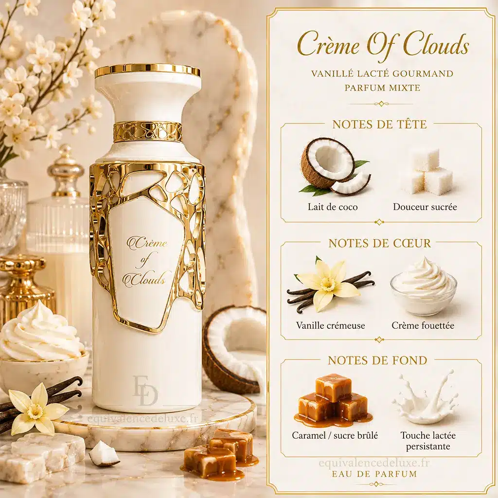 Crème of Clouds – Fragrance World | Parfum Gourmand Crémeux Mixte 2 Notes de Crème of Clouds avec lait de coco, vanille crémeuse, crème fouettée, caramel et sucre brûlé