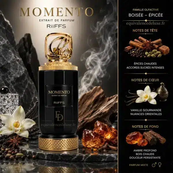 Notes Olfactives Momento RiiFFS – Extrait de Parfum Notes olfactives Momento RiiFFS avec épices chaudes, accords sucrés, vanille gourmande, ambre profond et bois chauds