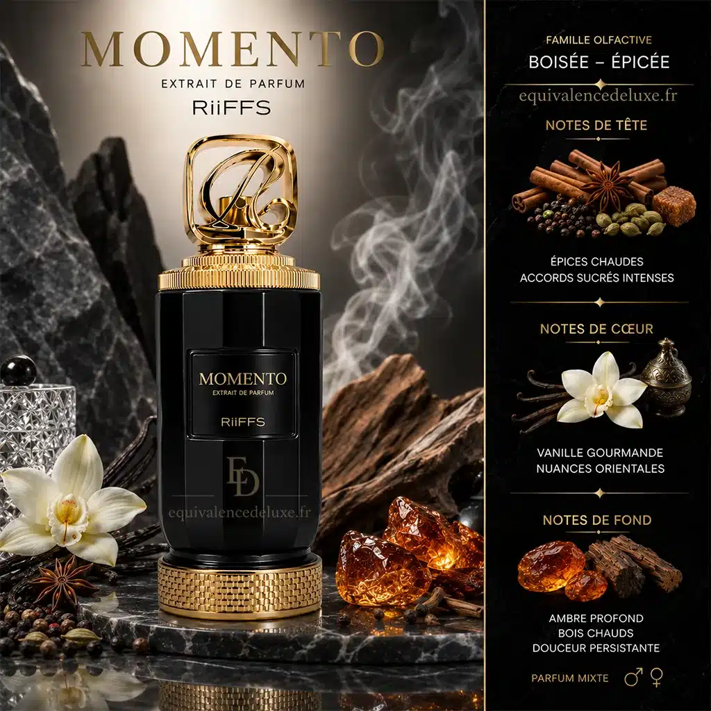 Momento – Riiffs | Parfum mixte Oriental Gourmand Intense 2 Notes olfactives Momento RiiFFS avec épices chaudes, accords sucrés, vanille gourmande, ambre profond et bois chauds