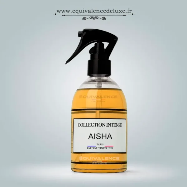 Parfum d’intérieur Aisha Collection Intense Équivalence de Luxe, spray parfum maison aux notes orientales, senteur élégante et chaleureuse