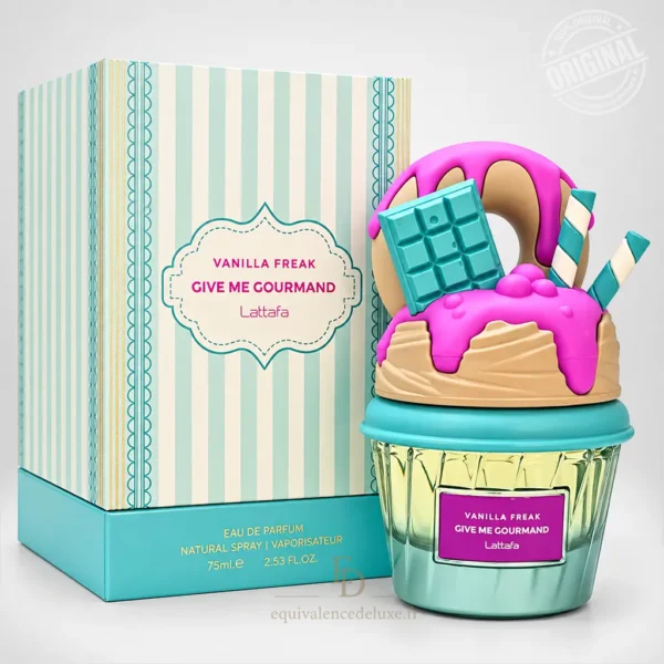Flacon Vanilla Freak Lattafa Give Me Gourmand 75 ml en forme de cupcake rose et turquoise avec son coffret