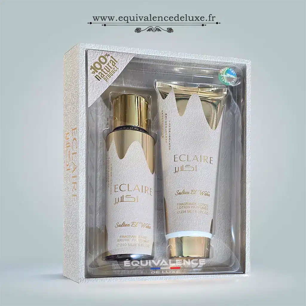 Coffret Éclaire – Brume parfumée et lotion corps parfumée 1 Coffret Éclaire avec brume parfumée et lotion corps aux notes vanillées et gourmandes