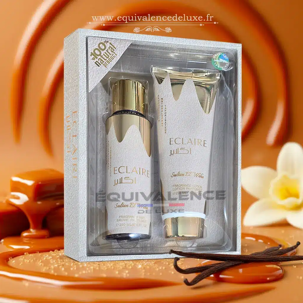 Coffret Éclaire – Brume parfumée et lotion corps parfumée 4 Coffret Éclaire parfum gourmand aux notes de vanille et caramel en mise en scène