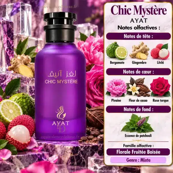 Chic Mystère Ayat – Pyramide Olfactive Notes de Chic Mystère Ayat : bergamote, gingembre, litchi, pivoine, fleur de cacao, rose turque et patchouli