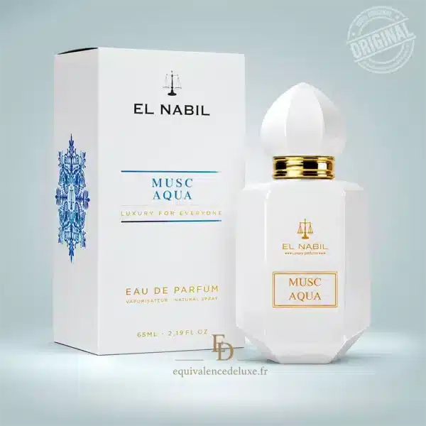 Flacon et boîte de Musc Aqua El Nabil Eau de Parfum mixte 65 ml sur fond clair.