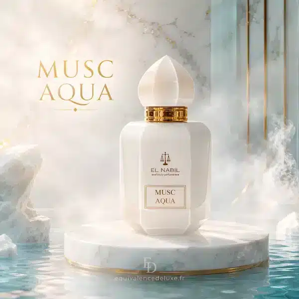 Flacon Musc Aqua El Nabil 65 ml présenté dans un décor aquatique blanc et bleu évoquant sa fraîcheur marine.