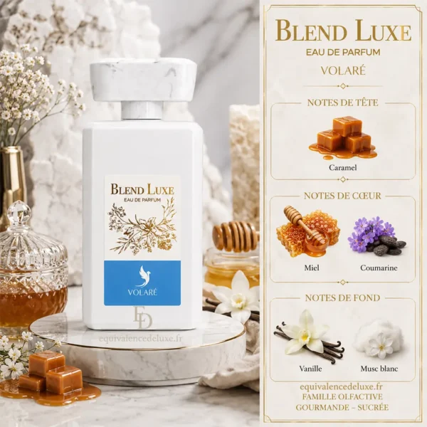 Notes Olfactives Blend Luxe Volaré Notes de Blend Luxe Volaré avec caramel, miel, coumarine, vanille et musc blanc