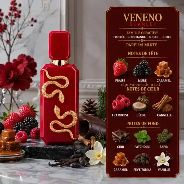 Notes Olfactives Veneno Scarlet French Avenue Notes olfactives Veneno Scarlet avec fraise, mûre, caramel, framboise, cèdre, cannelle, cuir, patchouli, sapin, tonka et vanille
