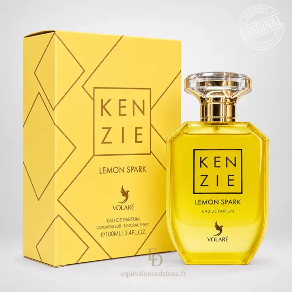 Flacon jaune Kenzie Lemon Spark Volaré Eau de Parfum 100 ml avec bouchon transparent facetté et coffret jaune assorti