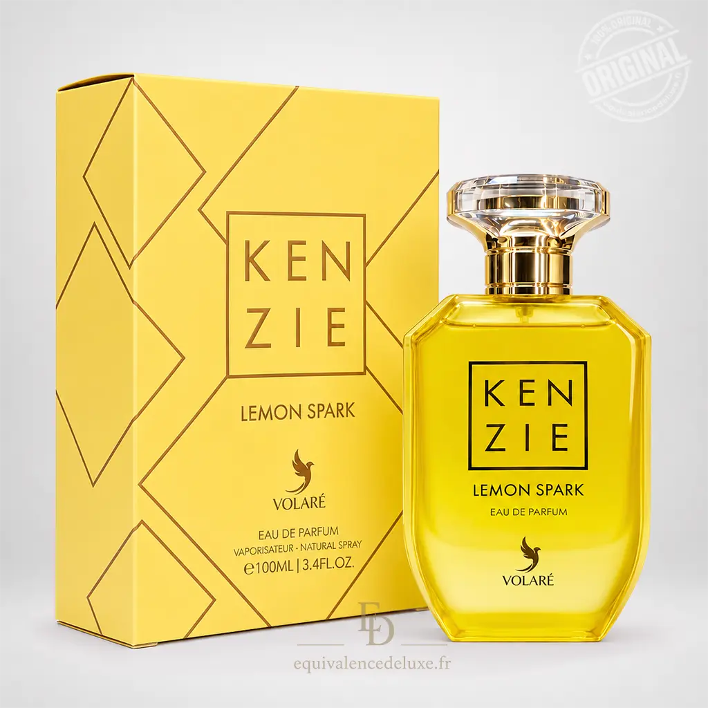 Kenzie Lemon Spark – Volaré – Eau de Parfum Femme 100 ml 1 Flacon jaune Kenzie Lemon Spark Volaré Eau de Parfum 100 ml avec bouchon transparent facetté et coffret jaune assorti
