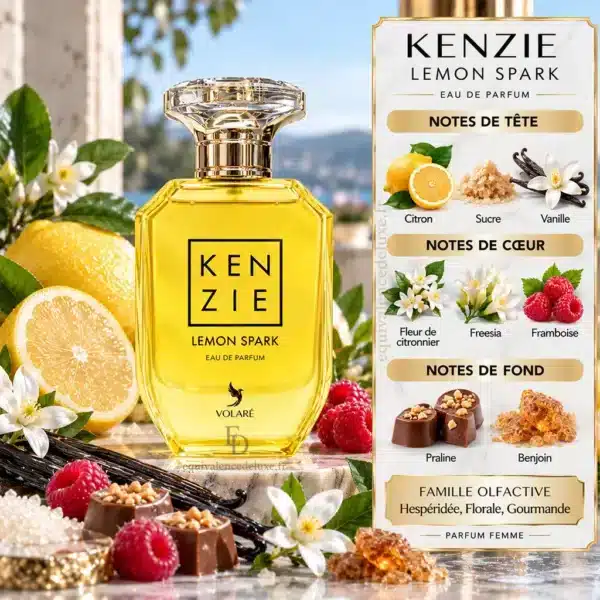 Pyramide olfactive Kenzie Lemon Spark Volaré avec citron, sucre, vanille, fleur de citronnier, freesia, framboise, praliné et benjoin
