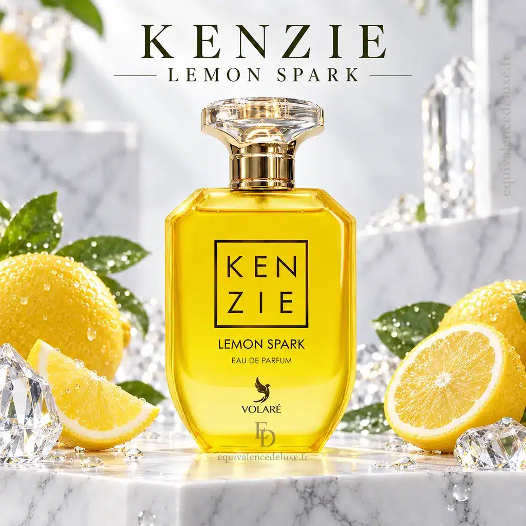 Kenzie Lemon Spark – Volaré – Eau de Parfum Femme 100 ml 3 Flacon jaune Kenzie Lemon Spark Volaré sur socle en marbre blanc entouré de citrons frais, de feuilles vertes et de cristaux transparents