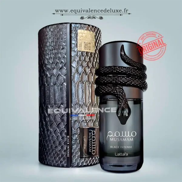 Musamam Black Intense Lattafa avec flacon noir et coffret original