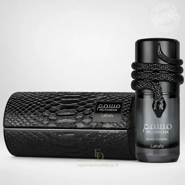 Musamam Black Intense Lattafa Eau de Parfum homme 100 ml avec flacon noir et coffret effet python