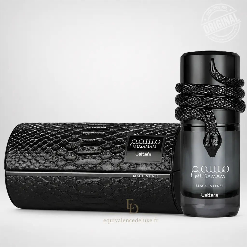 Musamam Black Intense – Lattafa Eau de Parfum 100ml Mixte 1 Musamam Black Intense Lattafa Eau de Parfum homme 100 ml avec flacon noir et coffret effet python