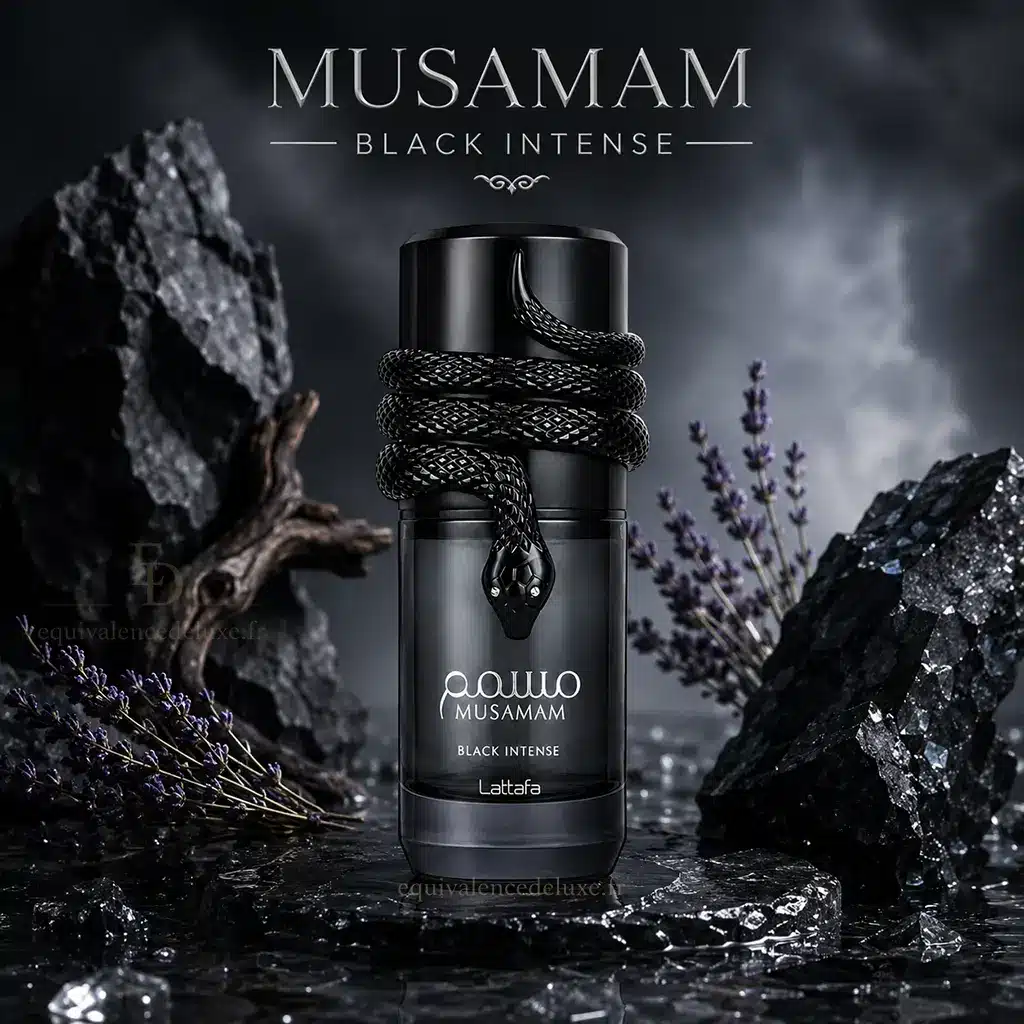 Musamam Black Intense – Lattafa Eau de Parfum 100ml Mixte 3 Flacon Musamam Black Intense Lattafa dans un décor sombre boisé avec lavande