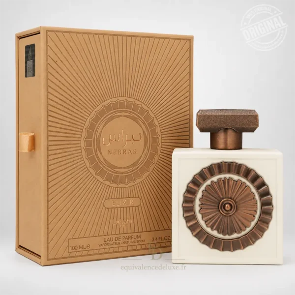 Flacon Nebras Elixir Lattafa Pride dans un univers gourmand de lait, crème, sucre et vanille