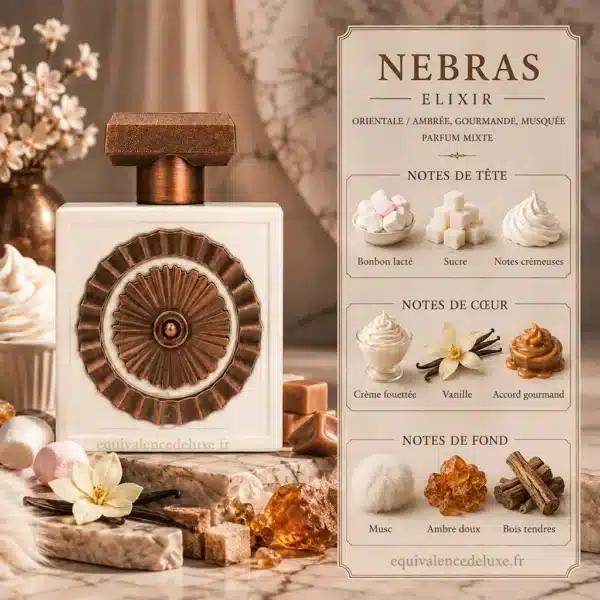 Notes de Nebras Elixir Lattafa avec bonbon, lait, crème, héliotrope, canne à sucre, ambroxan, vanille et musc