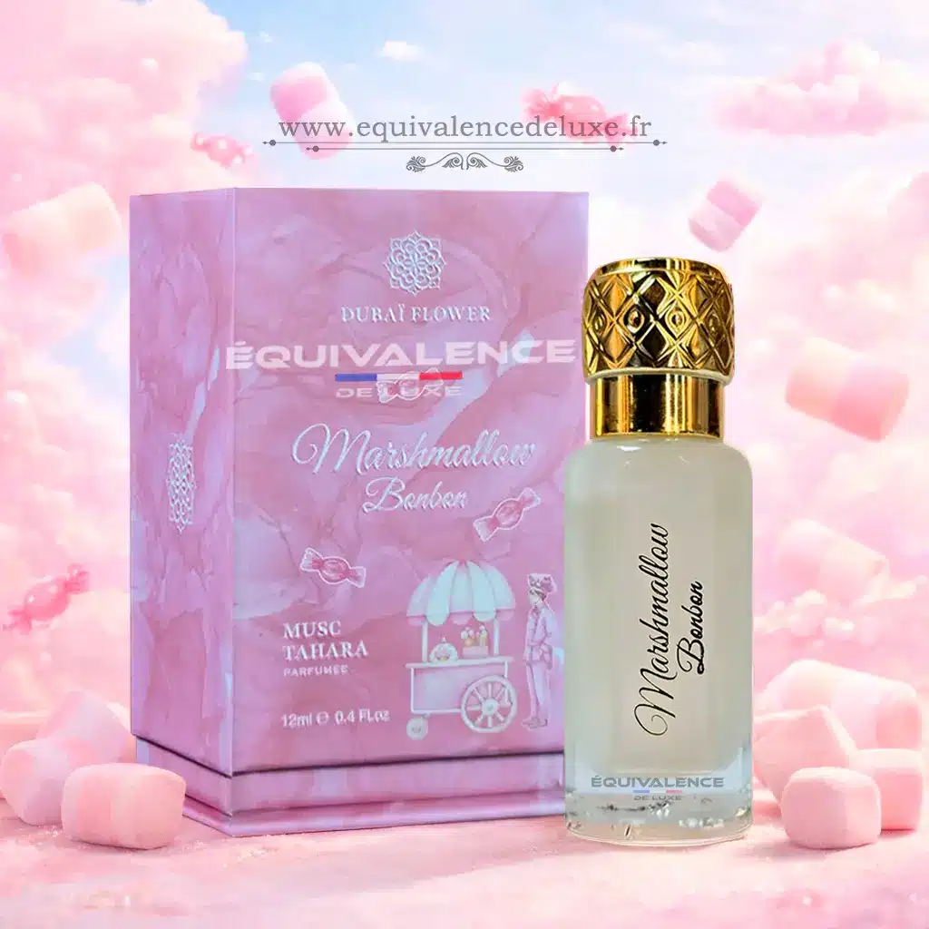 Marshmallow Bonbon – Musc Tahara Parfumée 12ml 3 Marshmallow Bonbon musc tahara parfumée 12ml Dubai Flower avec flacon et boîte rose