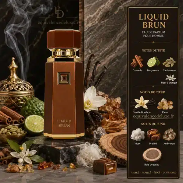 Notes olfactives Liquid Brun French Avenue avec cannelle, bergamote, cardamome, vanille Bourbon, praliné et bois de gaïac