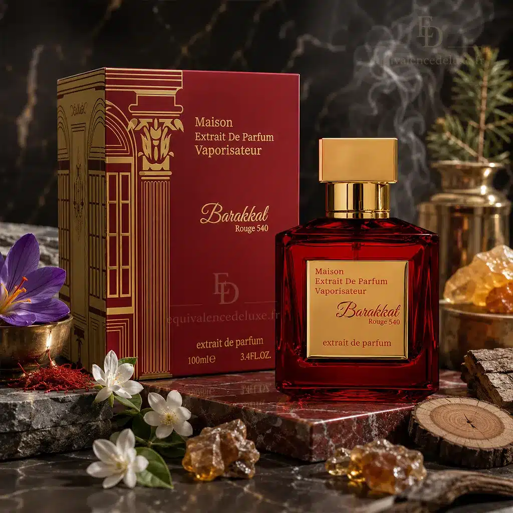 Barakkat Rouge 540 – Extrait de Parfum 100 ml 4 Barakkat Rouge 540 Extrait de Parfum 100 ml avec boîte rouge dans un décor boisé et safrané