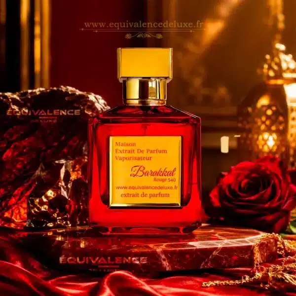 Barakkat Rouge 540 Extrait de Parfum 100ml parfum oriental mixte parfum oriental mixte aux notes ambrées et boisées disponible chez Equivalence Deluxe. Flacon rouge et or Barakkat Rouge 540 Extrait de Parfum 100 ml