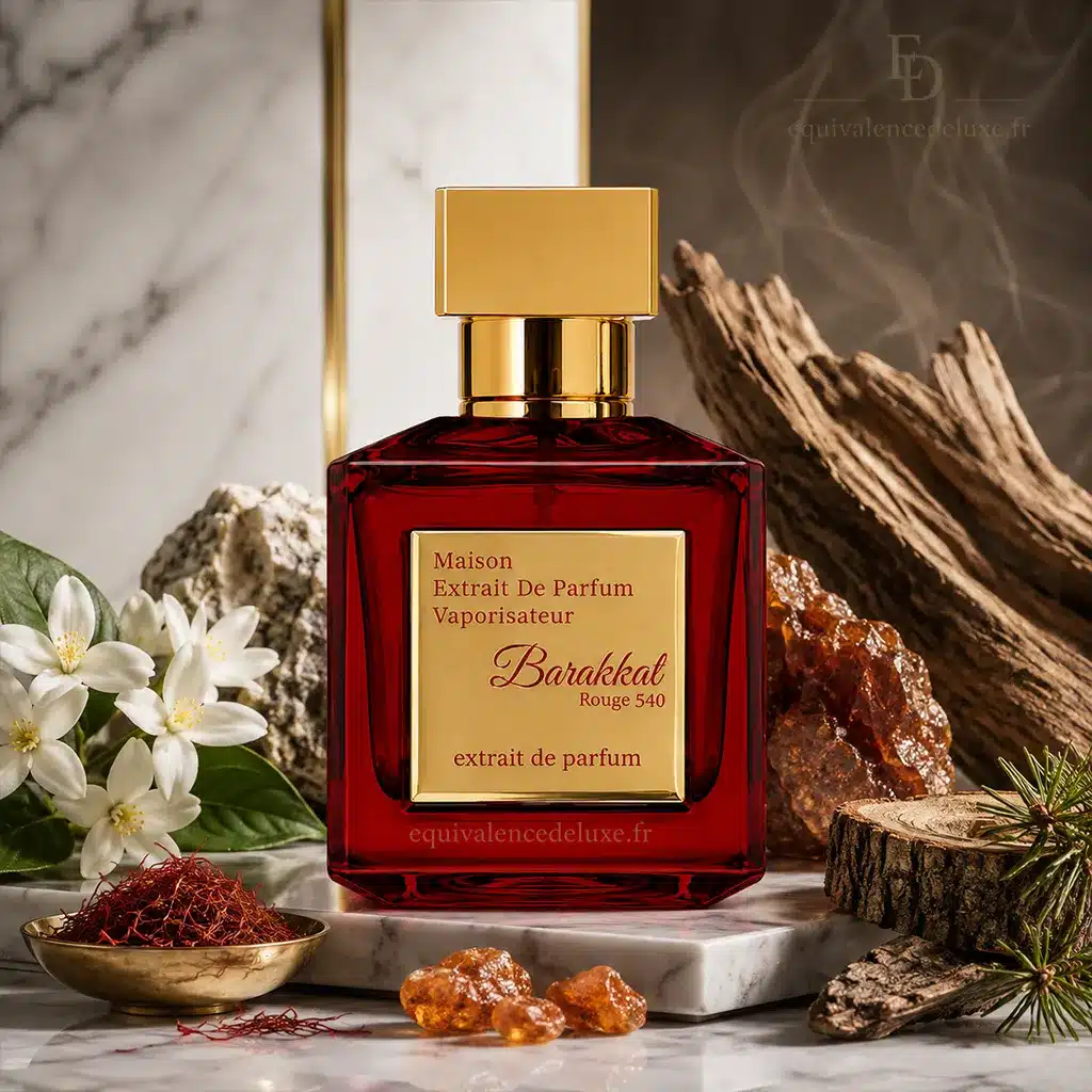 Barakkat Rouge 540 – Extrait de Parfum 100 ml 3 Flacon rouge Barakkat Rouge 540 Extrait entouré de safran, jasmin, cèdre et résine de sapin