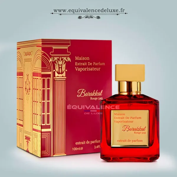 Boutique de Dupes de Parfums de Poche 33ml & Collection Privée 50ml | Prix Dégressifs & Livraison Rapide 2 Flacon rouge et or Barakkat Rouge 540 Extrait de Parfum 100 ml, parfum oriental mixte aux notes ambrées et boisées disponible chez Equivalence Deluxe.