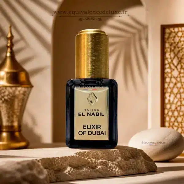 Elixir Of Dubai El Nabil 5ml parfum concentré sans alcool Boîte et flacon Elixir Of Dubai Maison El Nabil 5ml parfum concentré sans alcool aux notes orientales ambrées et gourmandes.