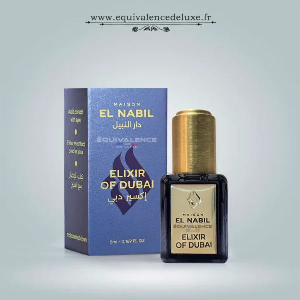 Flacon Elixir Of Dubai Maison El Nabil parfum concentré oriental mixte 5ml avec décor inspiré du luxe oriental et des parfums de Dubaï.