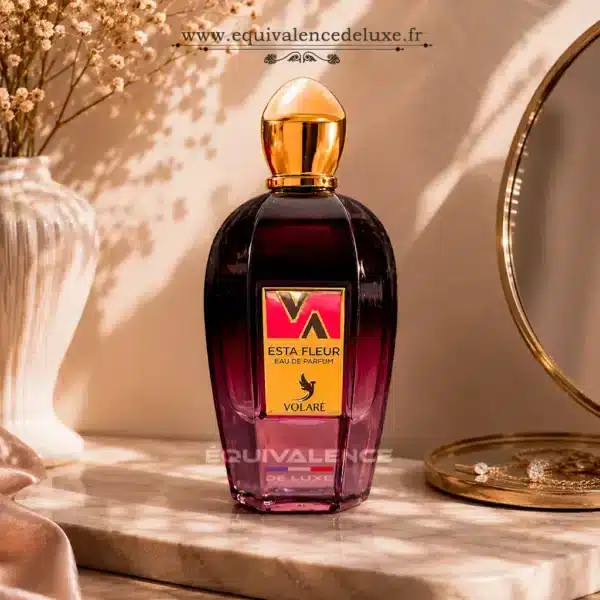 Esta Fleur Volaré Eau de Parfum Femme 100ml parfum floral fruité Flacon Esta Fleur de Volaré Eau de Parfum 100 ml pour femme, parfum floral fruité musqué aux accents élégants et féminins disponible chez Equivalence Deluxe.