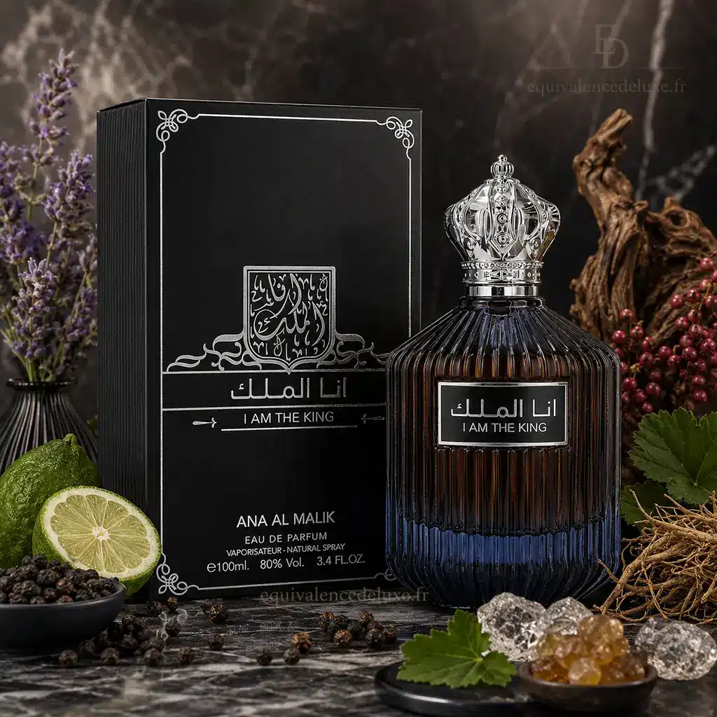 Parfum I Am The King Homme – Parfum Oriental Frais & Boisé Intense 4 I Am The King Ana Al Malik Ard Al Zaafaran avec boîte noire dans un décor boisé aromatique et épicé