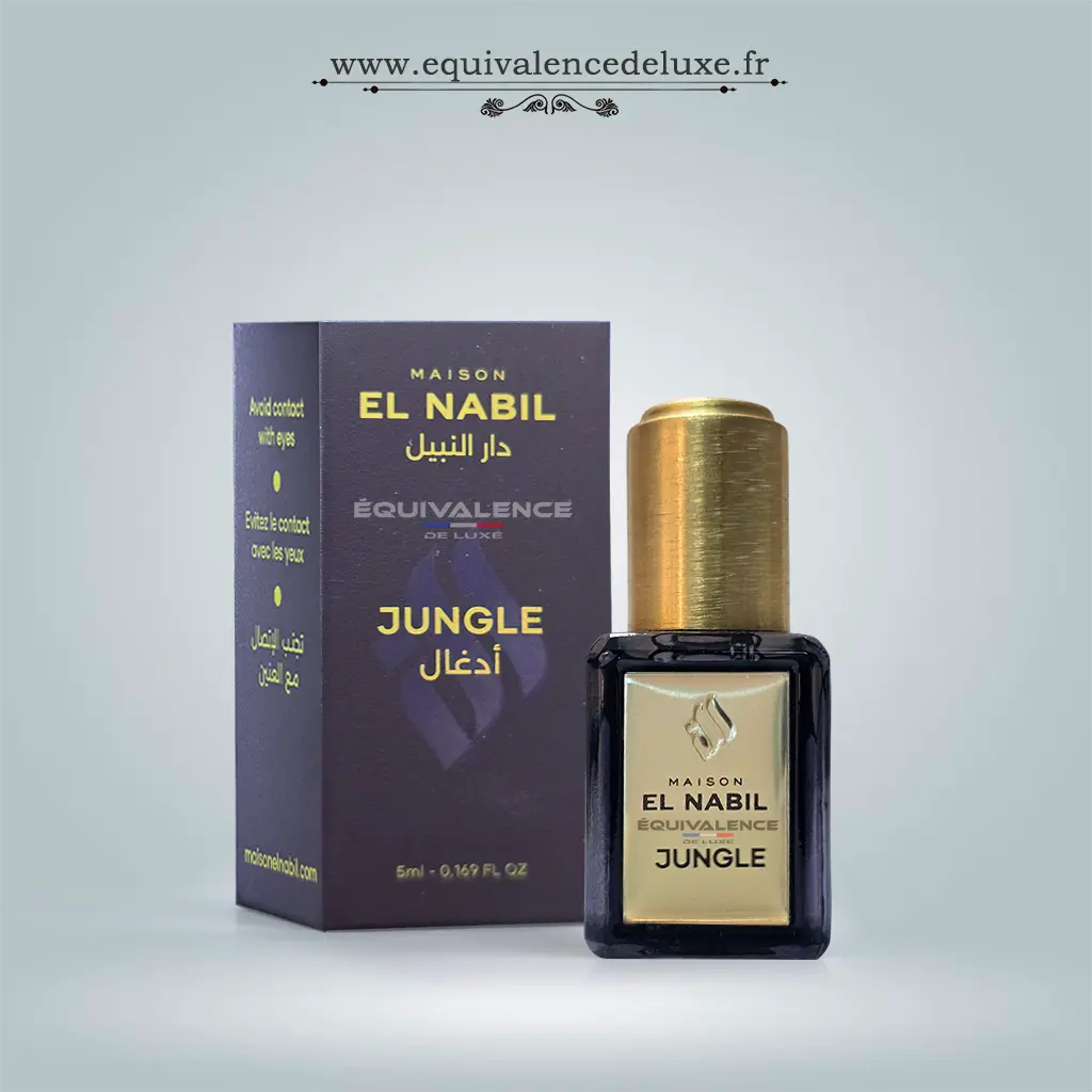 Jungle El Nabil – Parfum Concentré Sans Alcool 5ml 1 Flacon Jungle Maison El Nabil parfum concentré sans alcool aux notes boisées, épicées et orientales dans un décor luxueux inspiré de l'Orient.