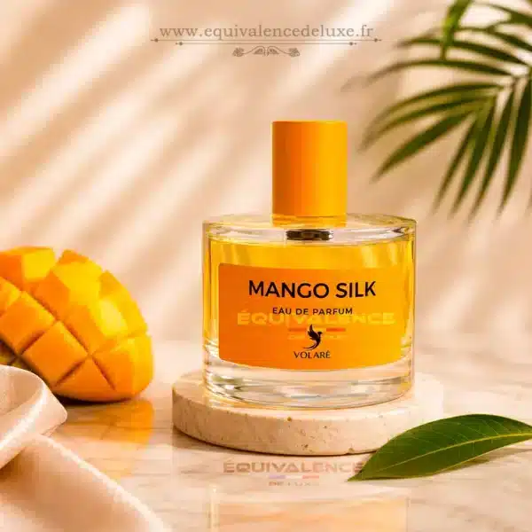 Mango Silk Volaré 100ml parfum fruité tropical mixte Flacon et boîte Mango Silk Volaré Eau de Parfum 100 ml, parfum mixte aux notes de mangue, fruits exotiques et accords gourmands, disponible chez Equivalence Deluxe.