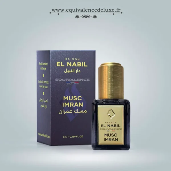 Flacon Musc Imran Maison El Nabil parfum concentré sans alcool aux notes musquées, orientales et boisées dans un décor oriental luxueux.