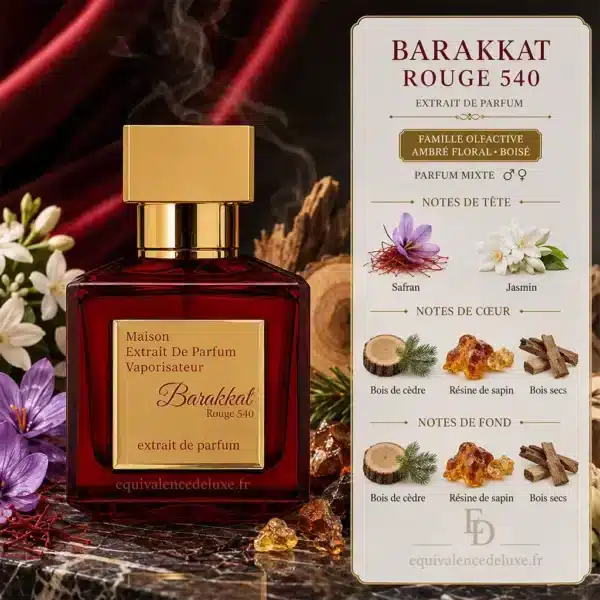 Notes Olfactives Barakkat Rouge 540 Extrait Notes Barakkat Rouge 540 Extrait avec safran, jasmin, bois de cèdre, résine de sapin et bois secs