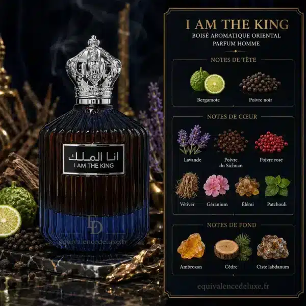 Notes Olfactives I Am The King Ana Al Malik Notes de I Am The King avec bergamote, poivre noir, lavande, poivre du Sichuan, vétiver, patchouli, ambroxan et cèdre