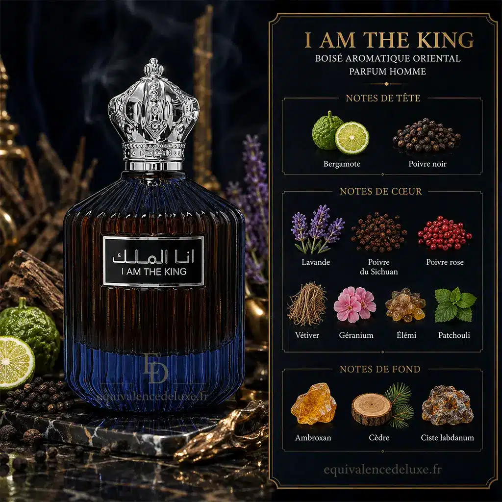Parfum I Am The King Homme – Parfum Oriental Frais & Boisé Intense 2 Notes de I Am The King avec bergamote, poivre noir, lavande, poivre du Sichuan, vétiver, patchouli, ambroxan et cèdre