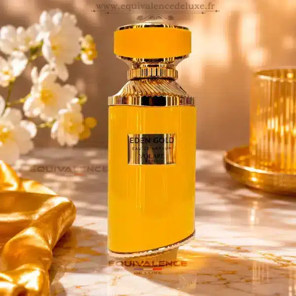 Parfum 100ml parfum oriental mixte Eden Gold Volaré Privé Eau de parfum oriental mixte lumineux aux notes florales et ambrées disponible chez Equivalence Deluxe. Flacon Eden Gold de Volaré Privé 100 ml