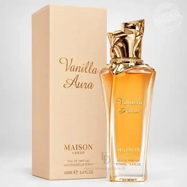 Flacon Vanilla Aura Maison Asrar 100 ml en verre ambré avec bouchon sculptural doré et coffret crème