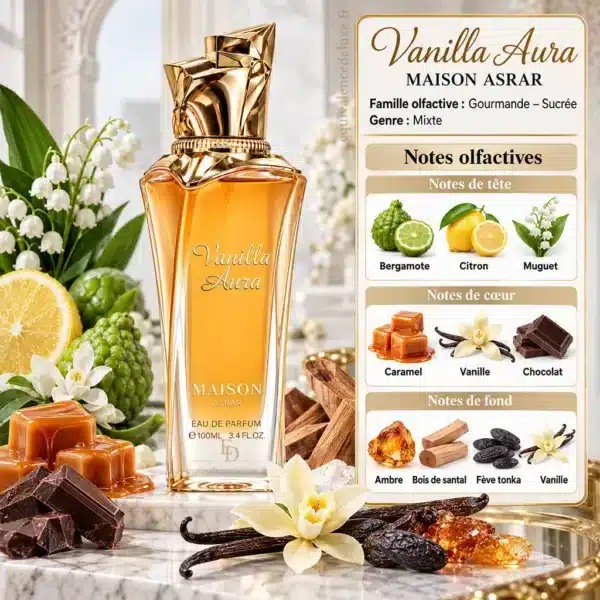 Vanilla Aura Maison Asrar – Notes Olfactives Pyramide olfactive Vanilla Aura Maison Asrar avec bergamote, citron, muguet, caramel, vanille, chocolat, ambre, santal et fève tonka