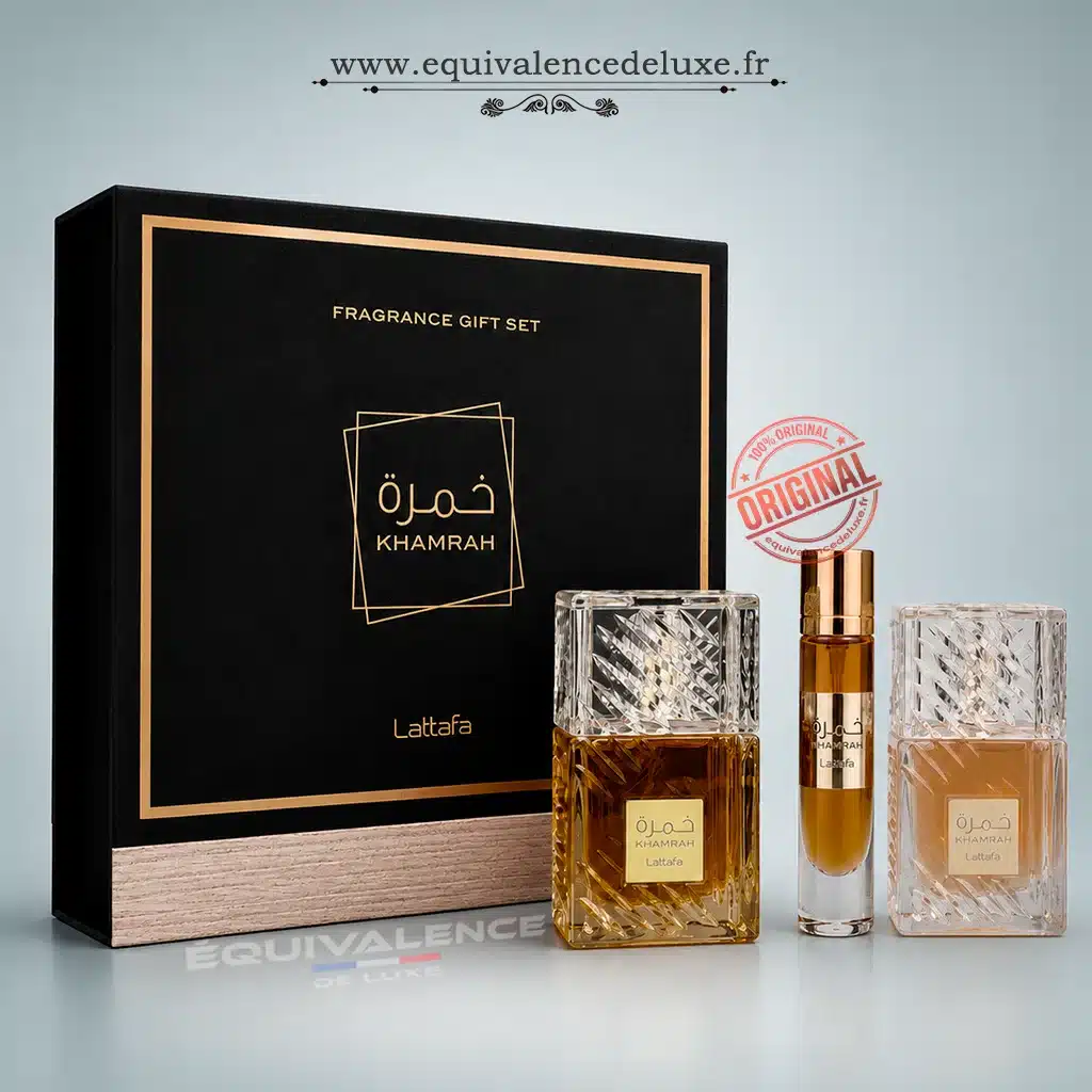 Coffret Khamrah Lattafa – Coffret Cadeau Parfum Oriental Gourmand 1 Coffret Khamrah Lattafa avec parfum format voyage et brume parfumée