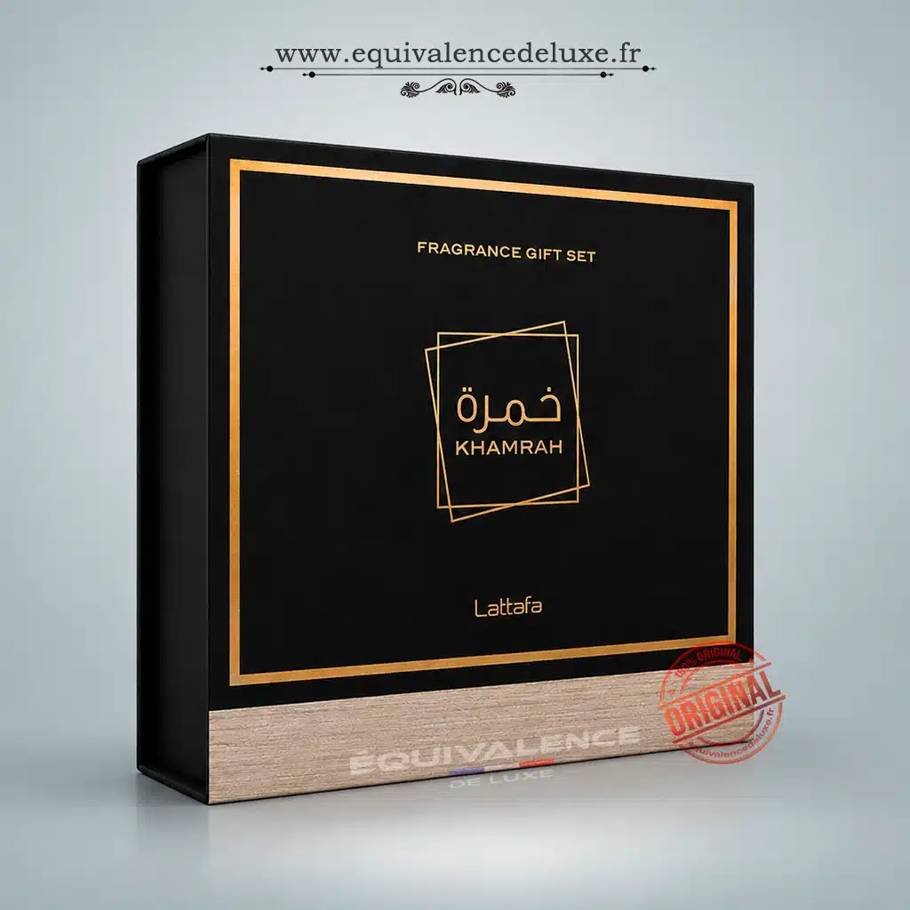 Coffret Khamrah Lattafa – Coffret Cadeau Parfum Oriental Gourmand 3 Coffret parfum Khamrah Lattafa ouvert avec ses produits assortis