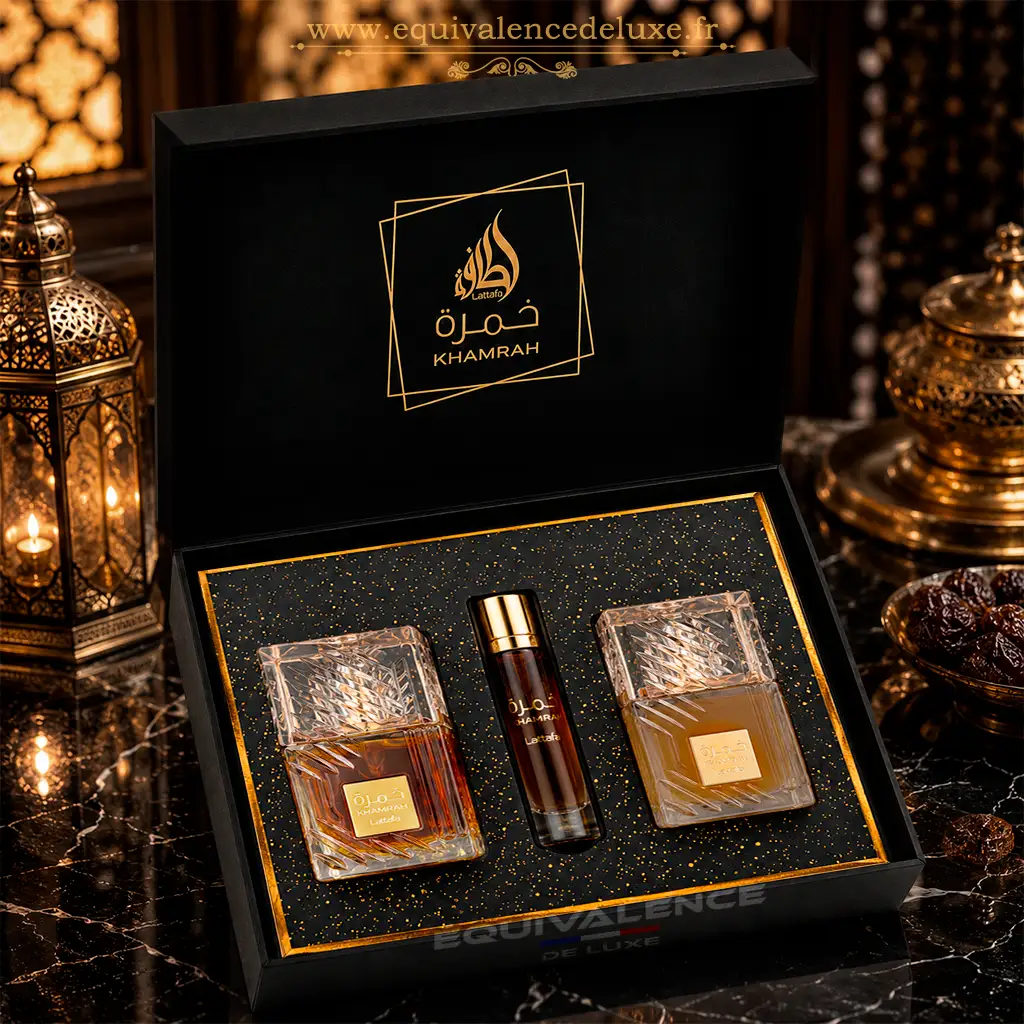 Coffret Khamrah Lattafa – Coffret Cadeau Parfum Oriental Gourmand 4 Coffret cadeau Khamrah Lattafa noir et doré parfum oriental gourmand