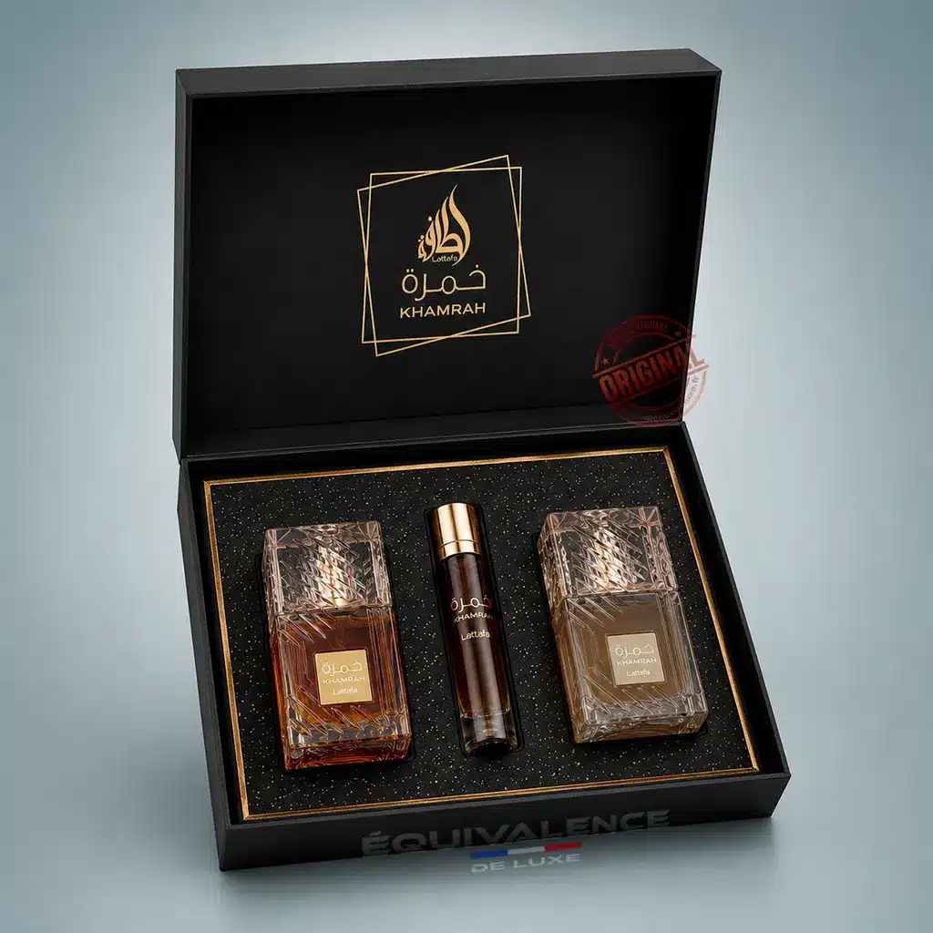 Coffret Khamrah Lattafa – Coffret Cadeau Parfum Oriental Gourmand 2 Coffret Khamrah Lattafa présenté dans une ambiance orientale luxueuse
